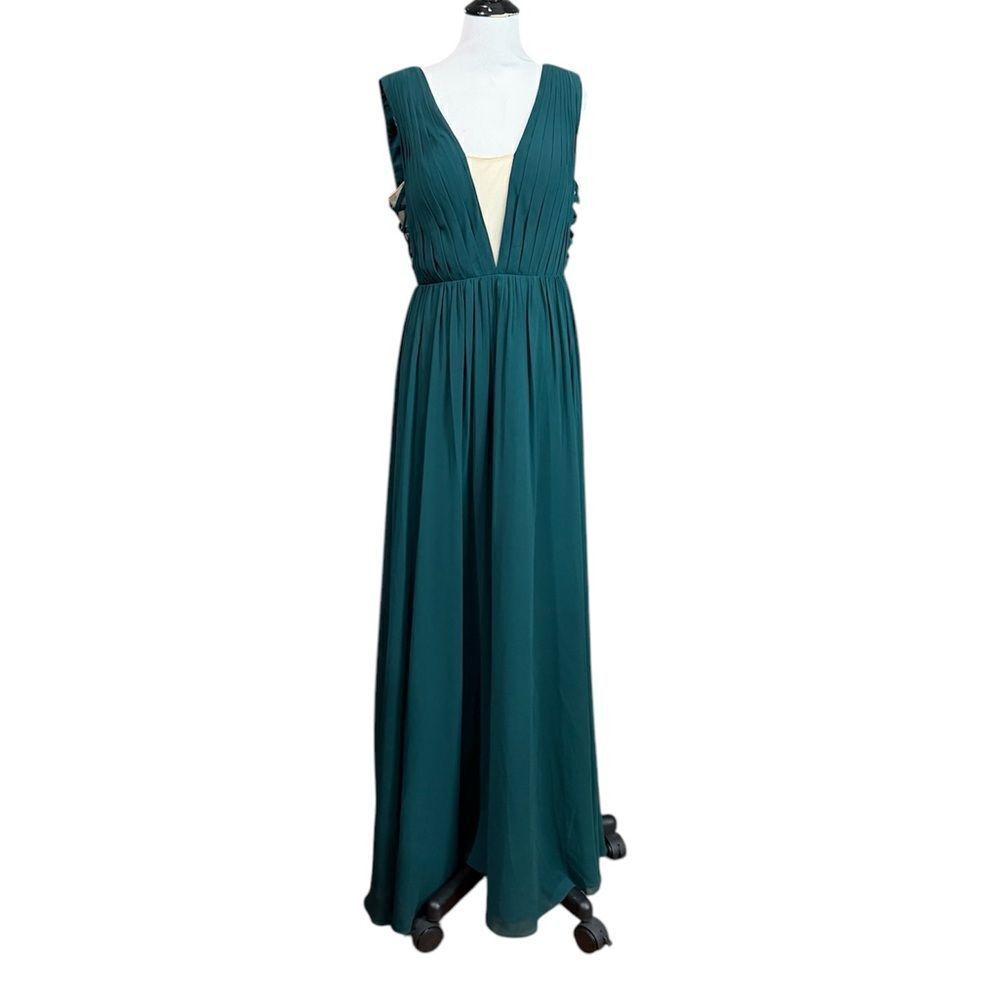Azazie Green Maxi Dress Deep V Plunge Neckline bridesmaid formal gown